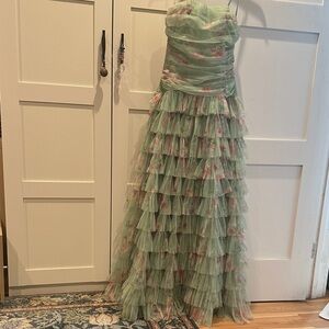 Mint Strapless Printed Mesh Gown with Pleated Bodice and Tiered Ruffle 11/12